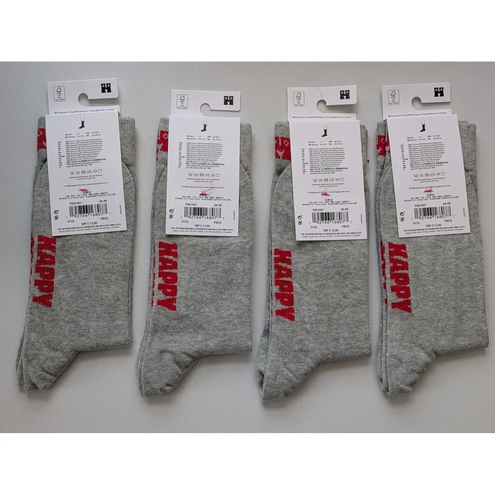 Happy Socks Solid Basic Crew 4 Pair Unisex 36-40 Gray Organic Cotton Blend NWT